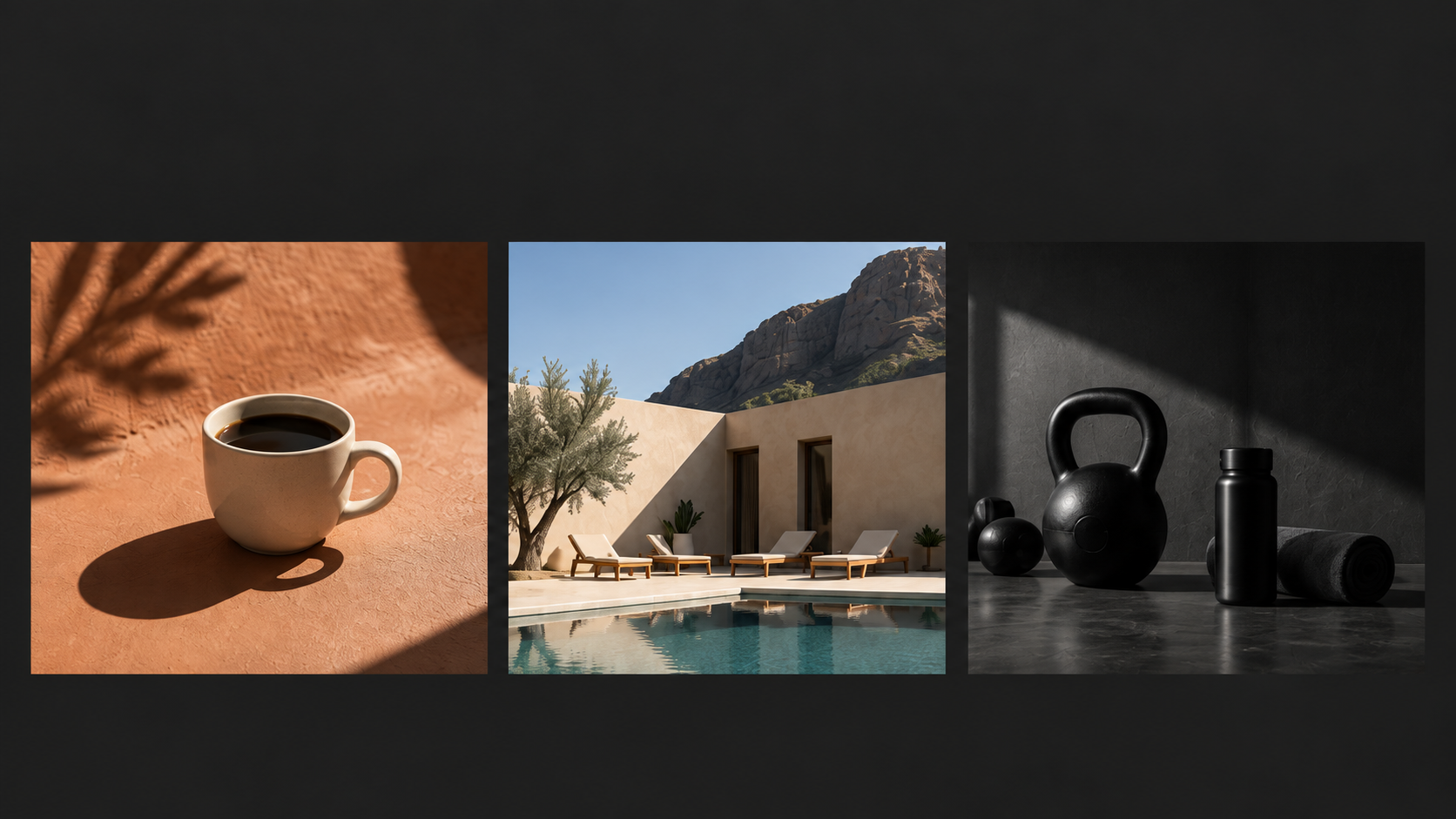 Exploraciones conceptuales: fotografía de café sobre terracota, arquitectura de hotel con piscina y bodegón de equipamiento deportivo.